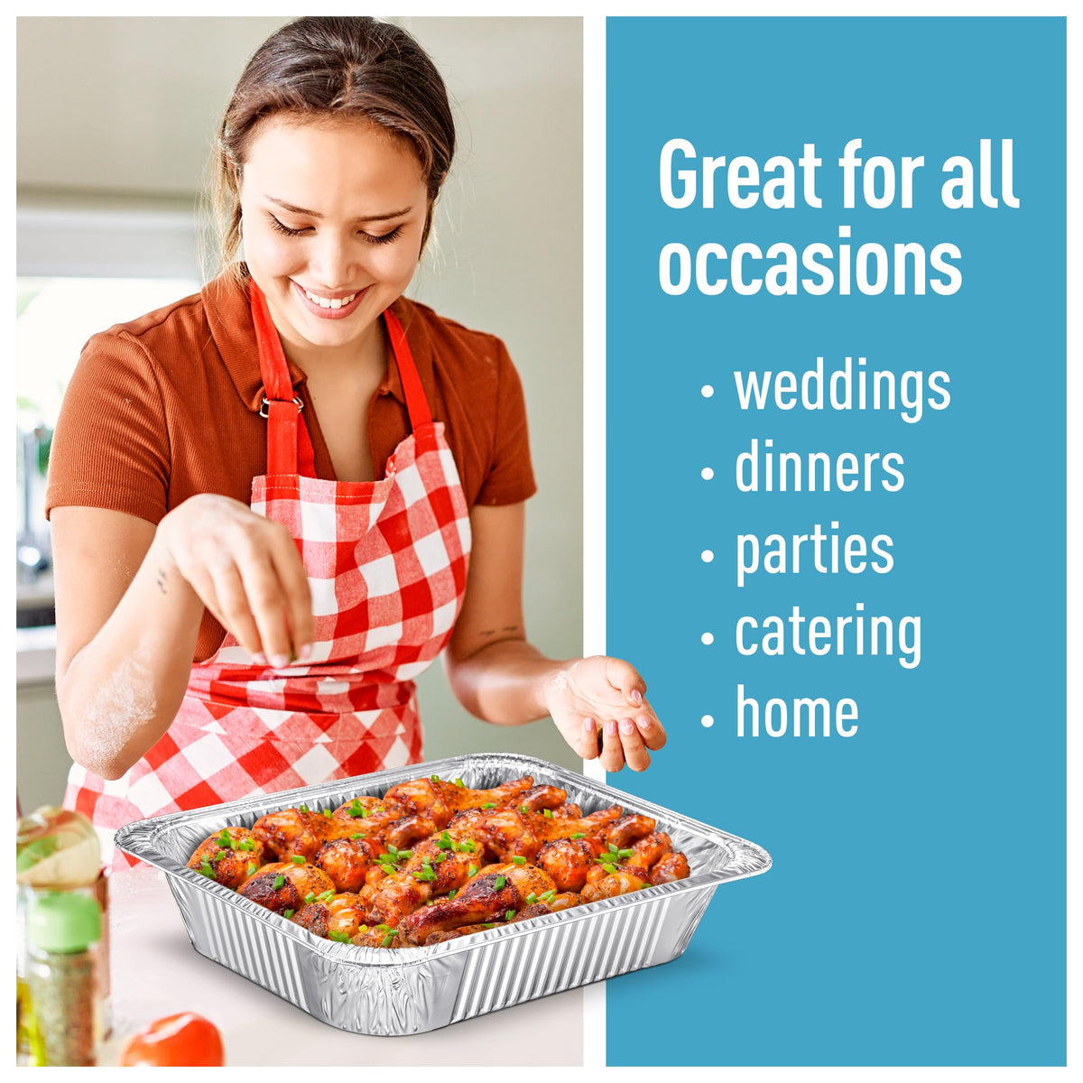 Diplastible lasagna pan in use ready to bake and serve