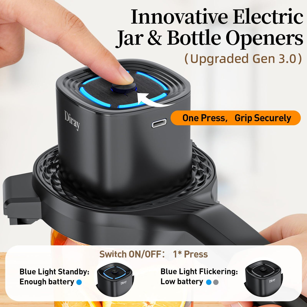 Diray automatic-grip with press-button demonstrates hands-free setup for quick lid release.