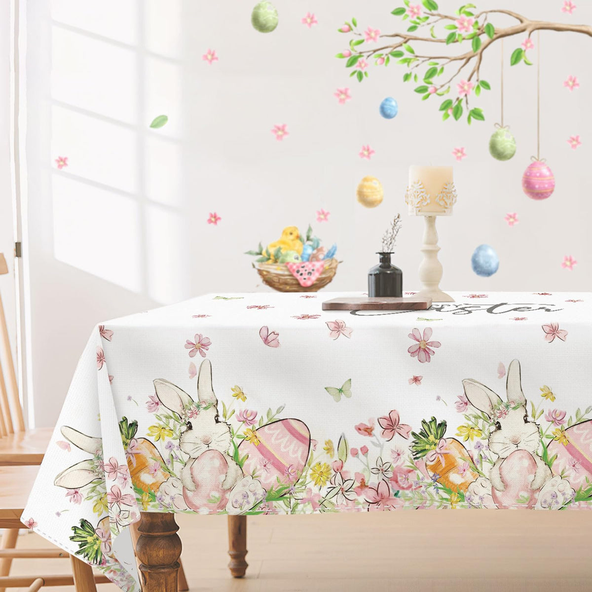 DISENB Easter Tablecloth flowers and eggs scene adds seasonal charm