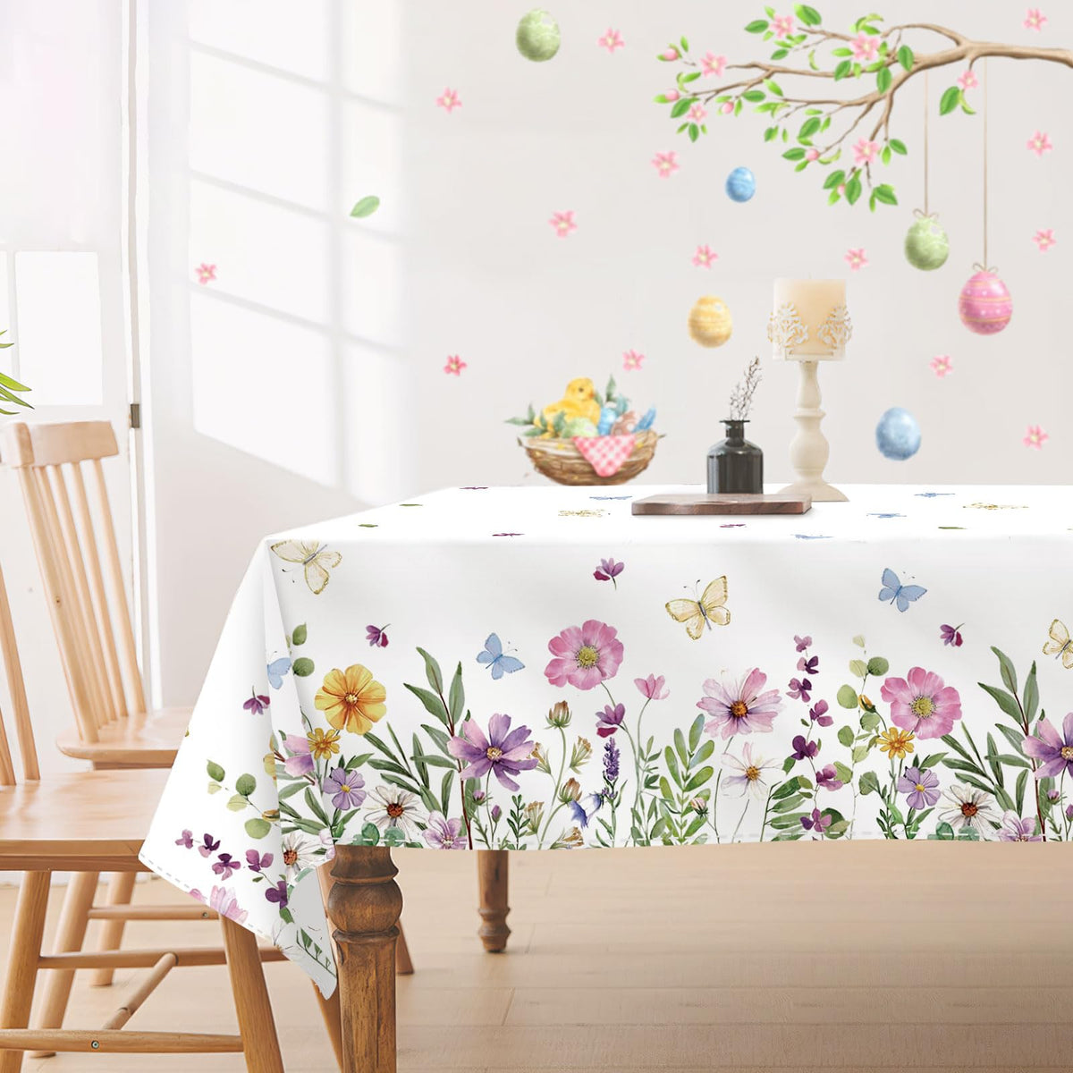 DISENB Spring Tablecloth with wildflowers and butterflies for spring gatherings indoors or outdoors