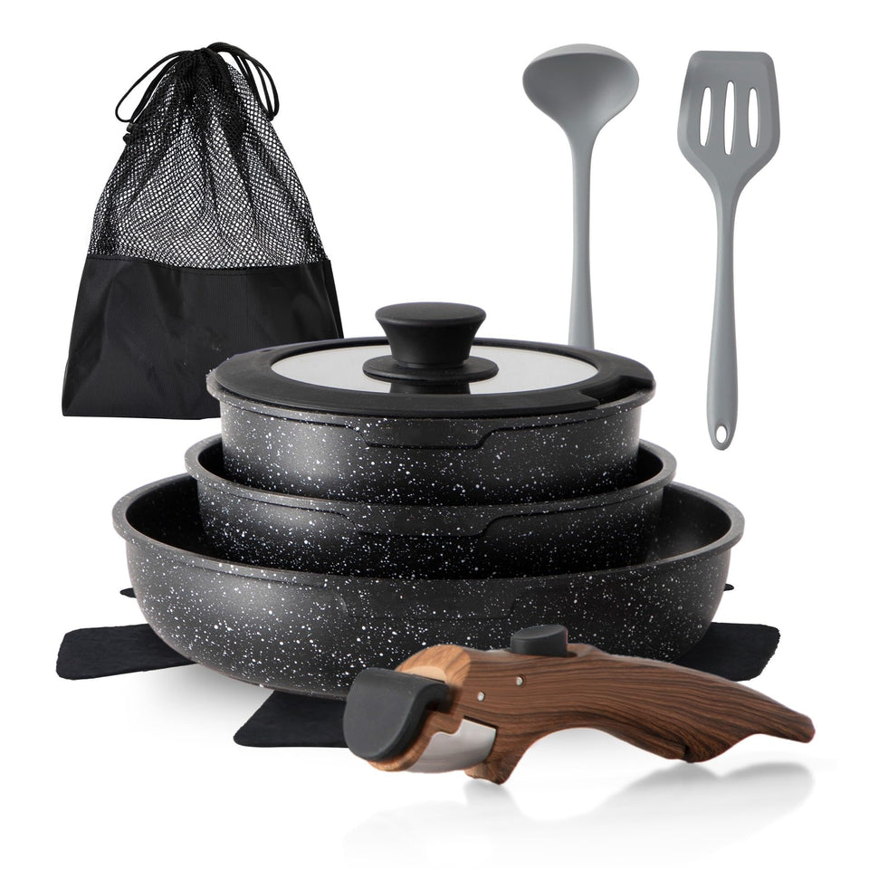DishDelight 10-piece pots and pans set with nonstick surface for easy cooking.