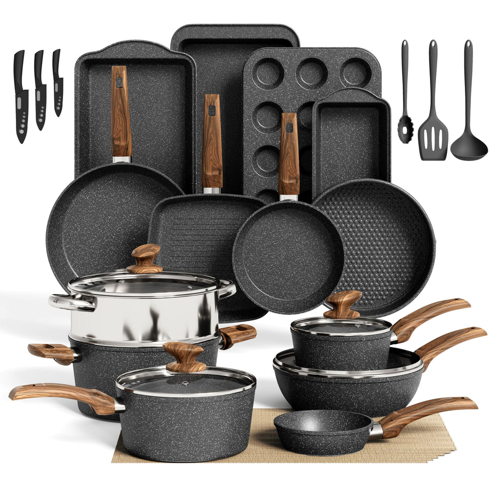 DishDelight granite nonstick set enables easy release and quick cleanup