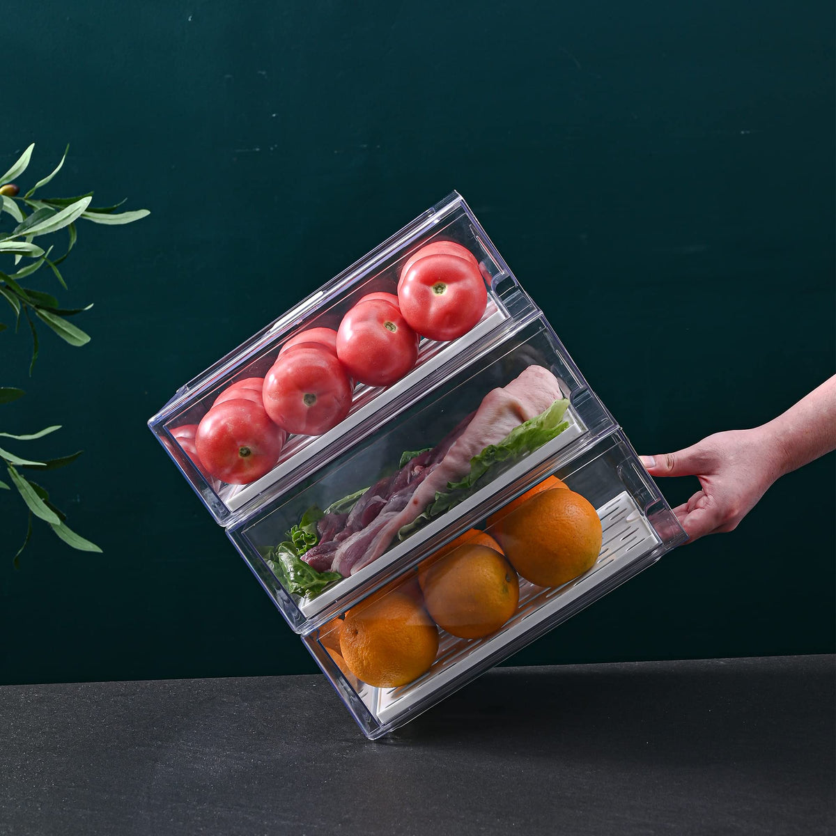 Diskary fridge organizer two-drawer system shown in a clean refrigerator for easy meal prep and storage.