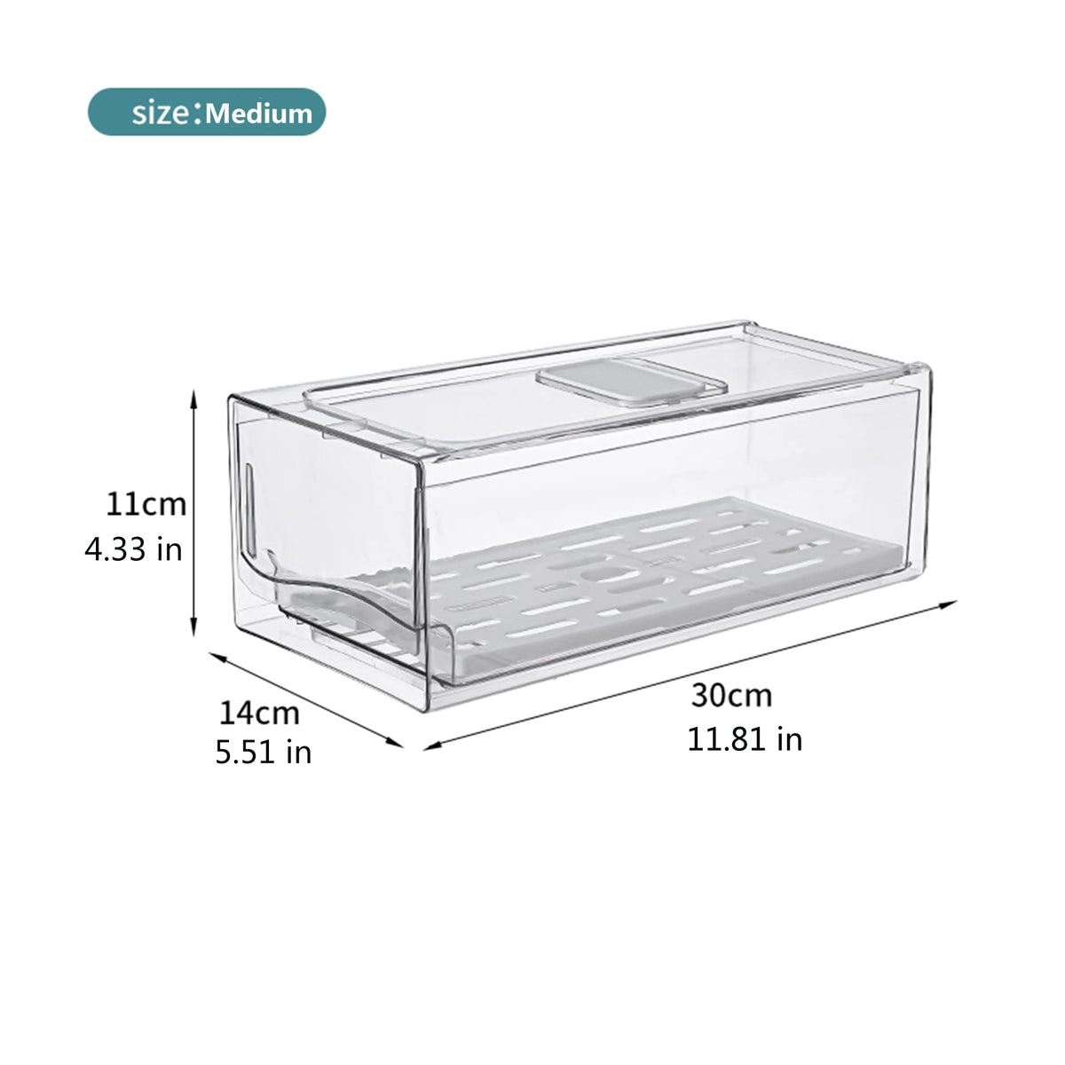 Diskary stackable fridge bins with clear fronts provide visible, organized produce.