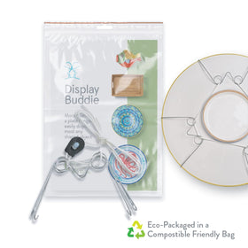 Display Buddie adjustable cord and tension lock adapt to 14–22 inch plates.