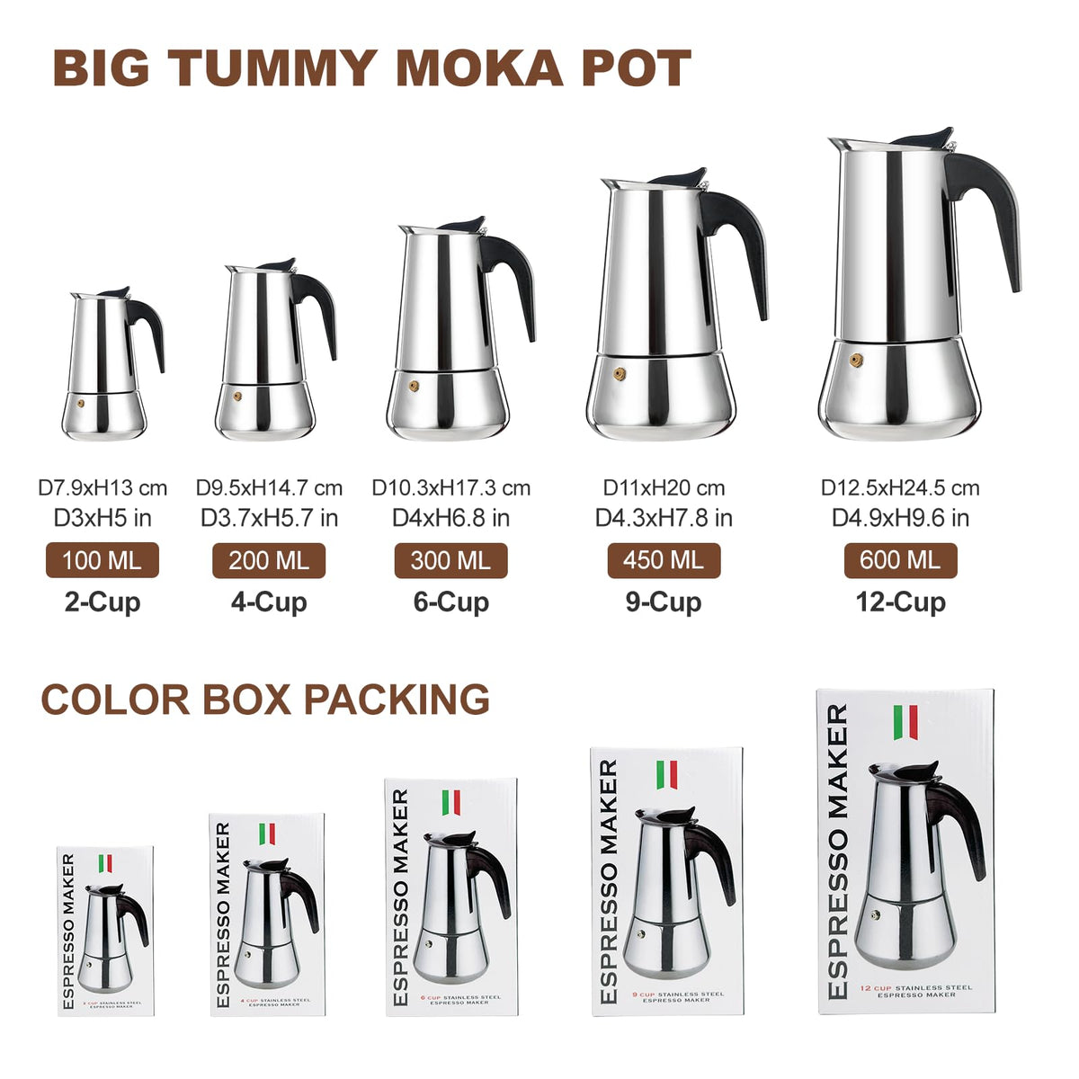 DITOSH 6 Cup moka pot side view highlighting sleek stainless steel finish