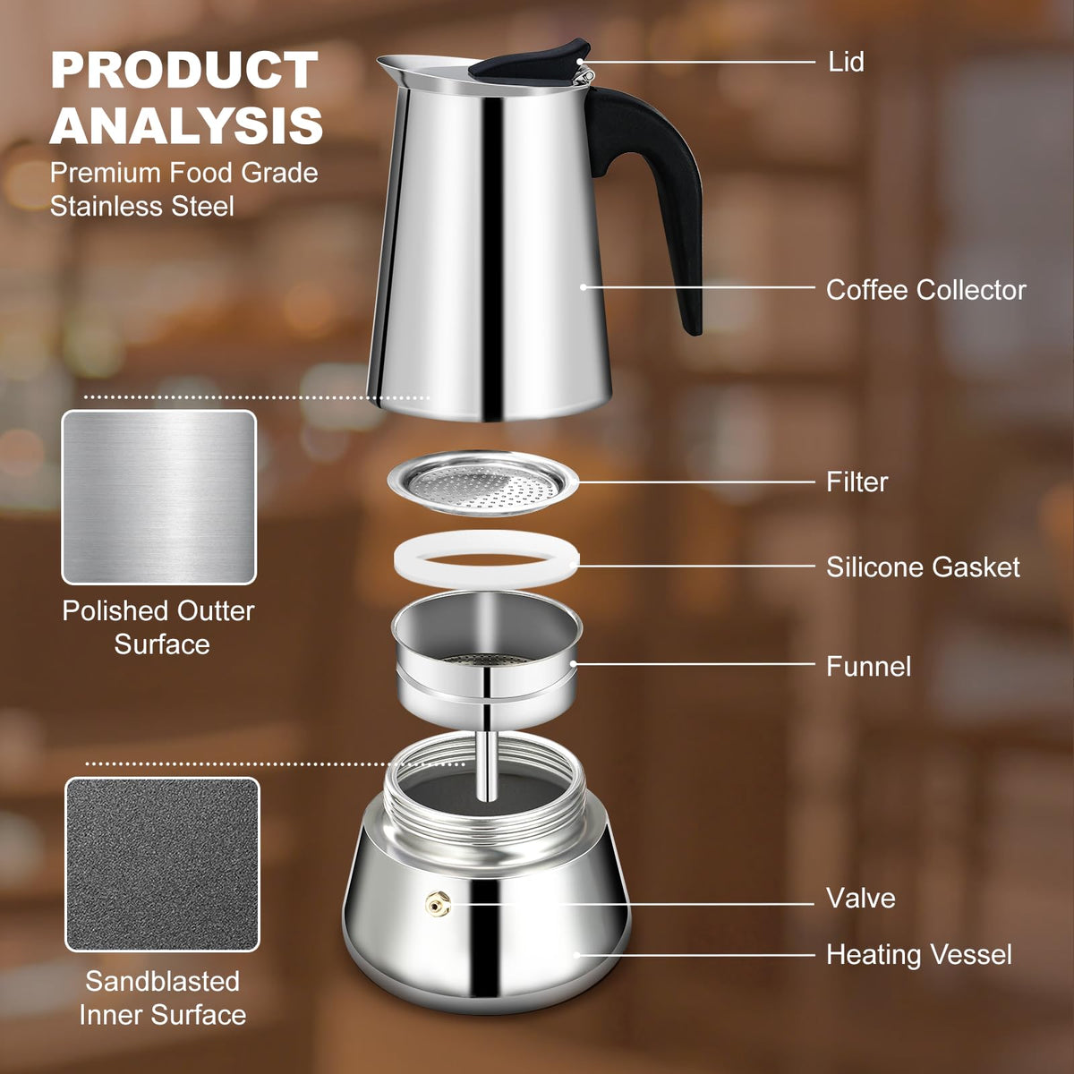 DITOSH moka pot safety valve provides reliable pressure control during brewing.