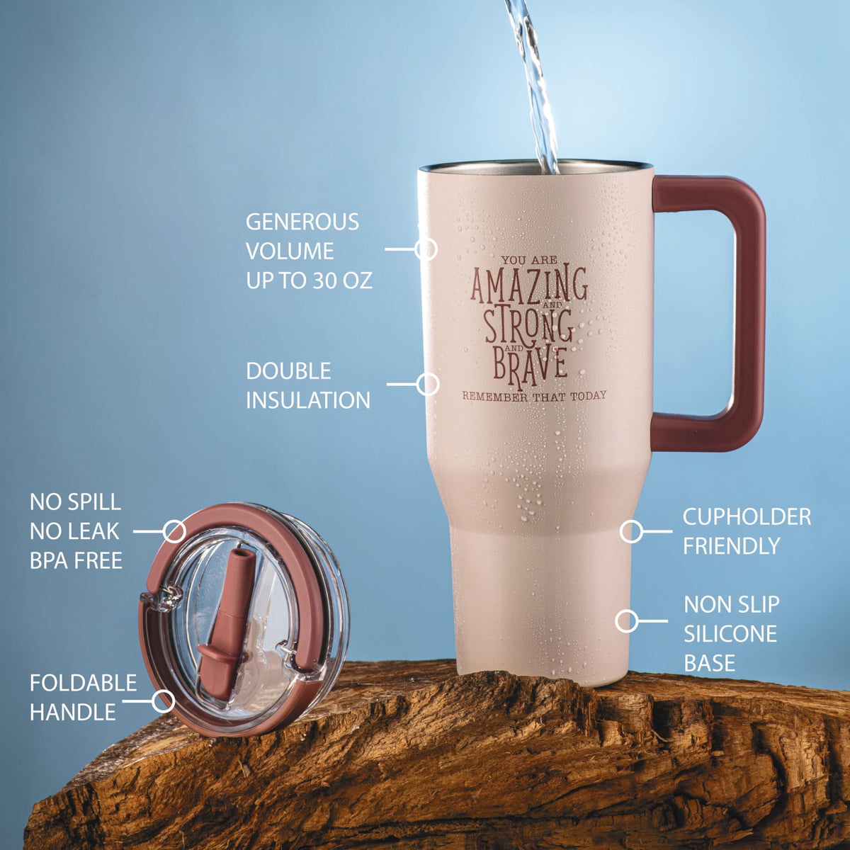 DIVERSEBEE 30oz tumbler on wooden table with coffee demonstrating insulation