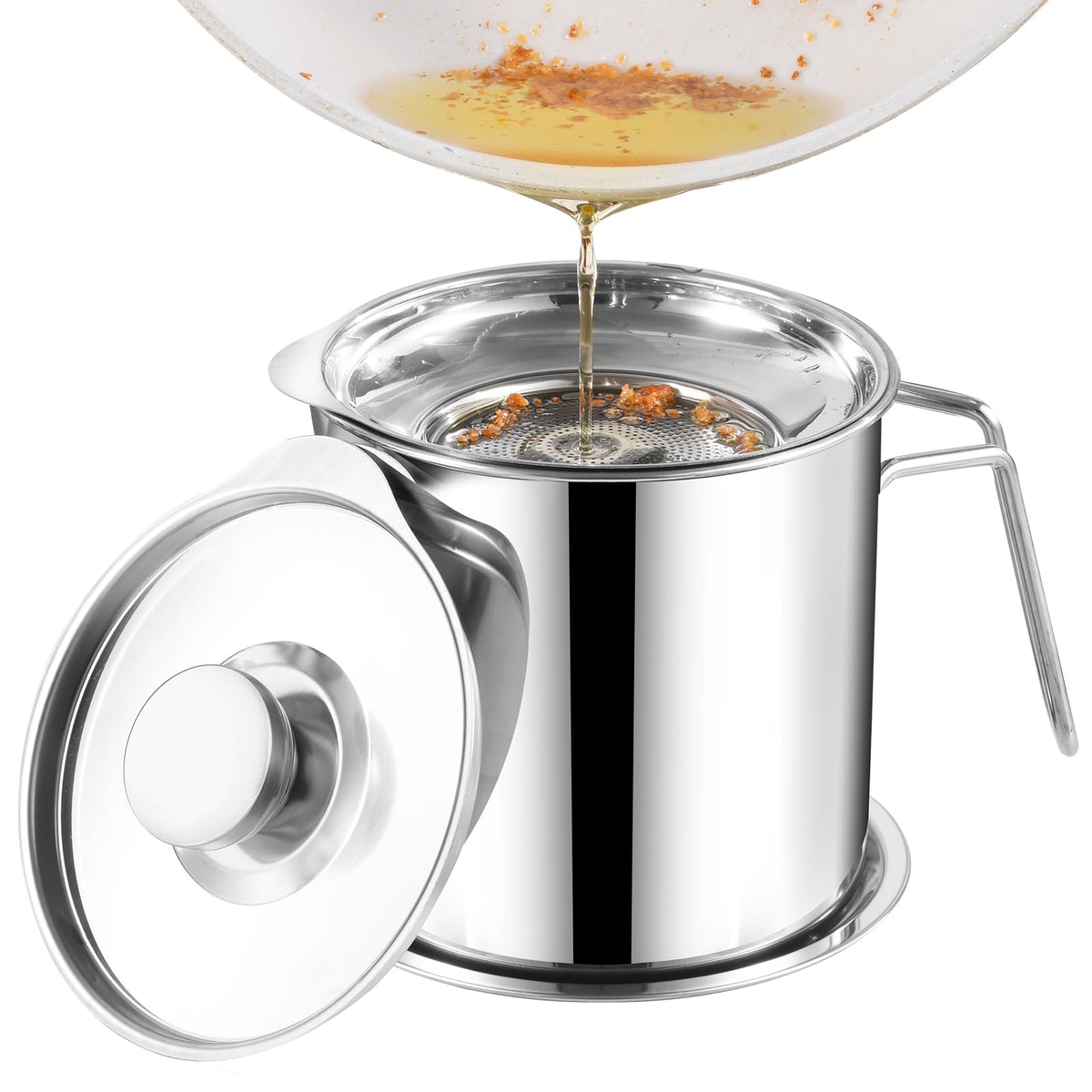 DIY HOME bacon grease container cap and lid for secure storage and easy pouring.