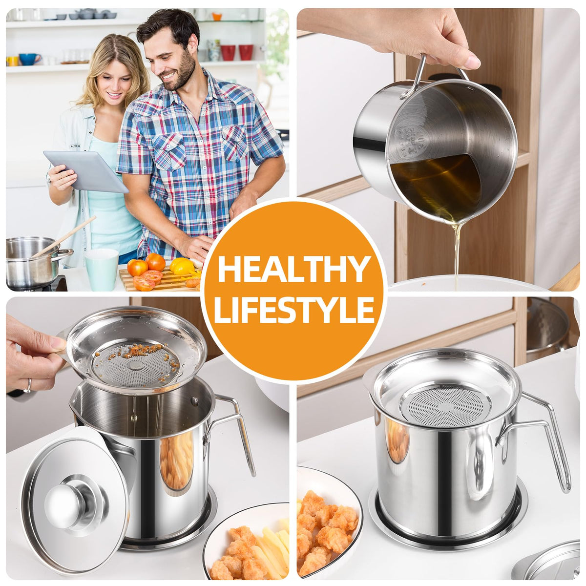DIY HOME bacon grease container mesh strainer filters solids for reusable cooking oil.