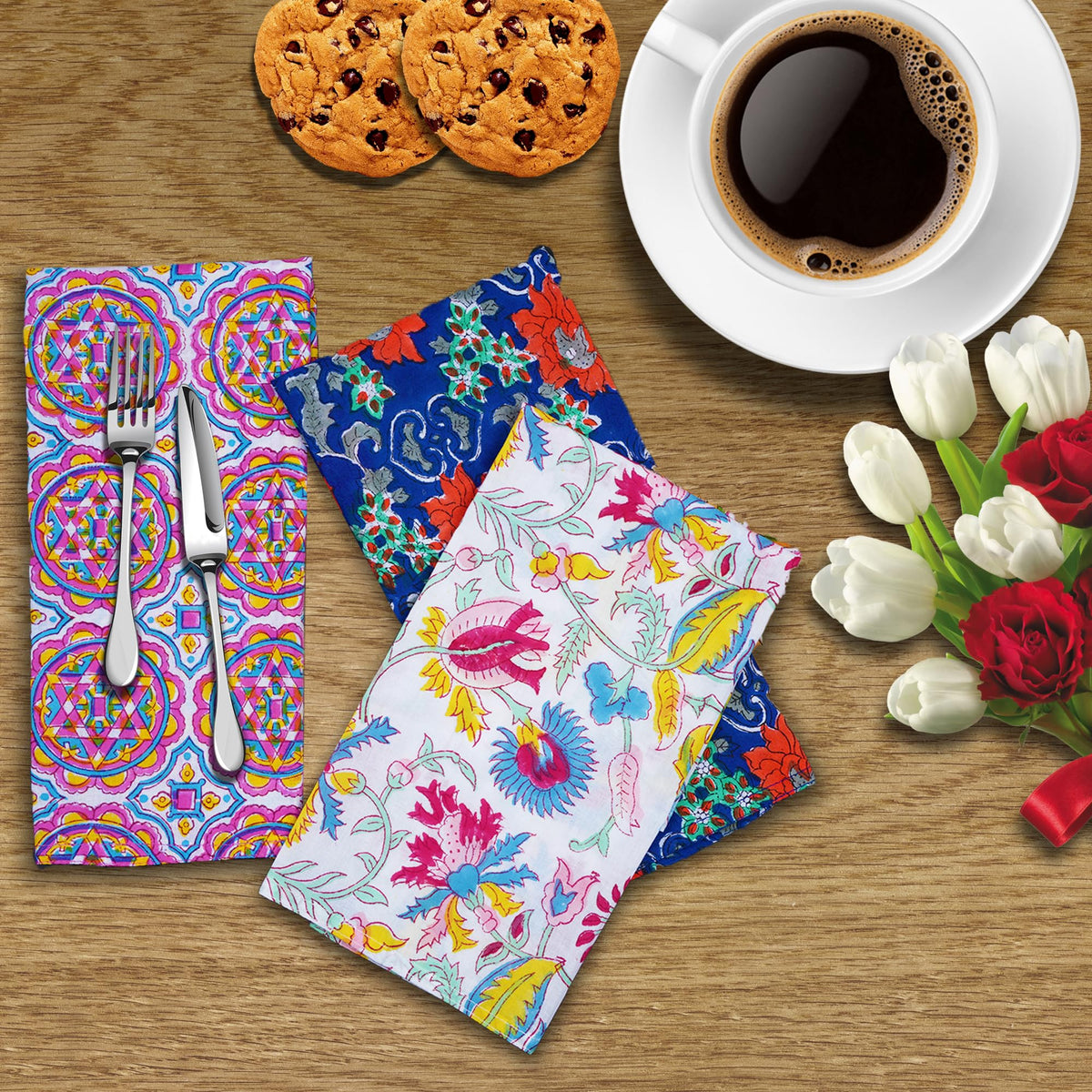 DIYANA IMPEX napkin hand block print close-up with vibrant multicolor motif