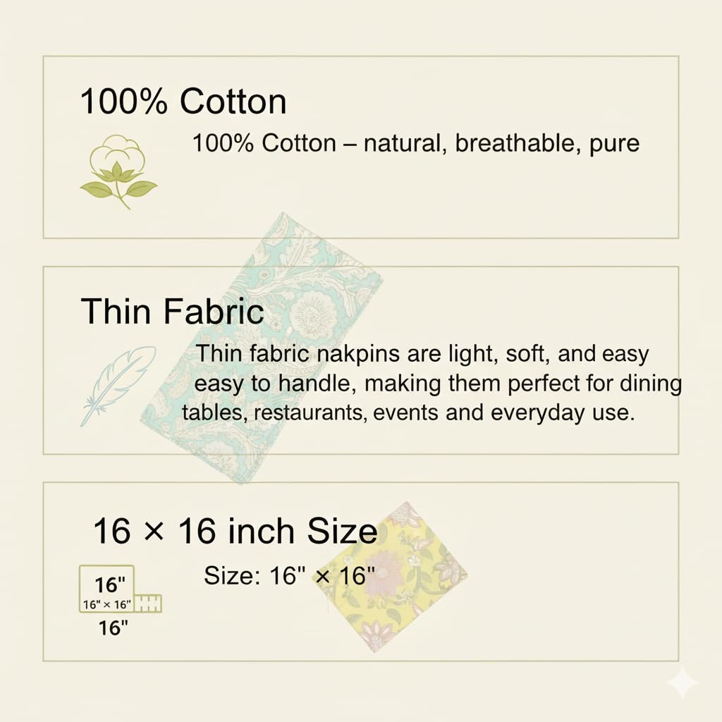 DIYANA IMPEX hand printed napkins vary by dye and pattern, giving each table setting a unique touch