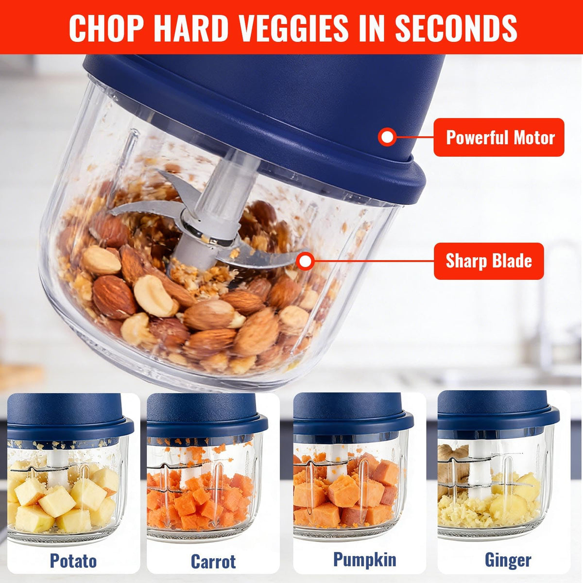 DIYOHFE garlic chopper blue top view for compact kitchen prep.