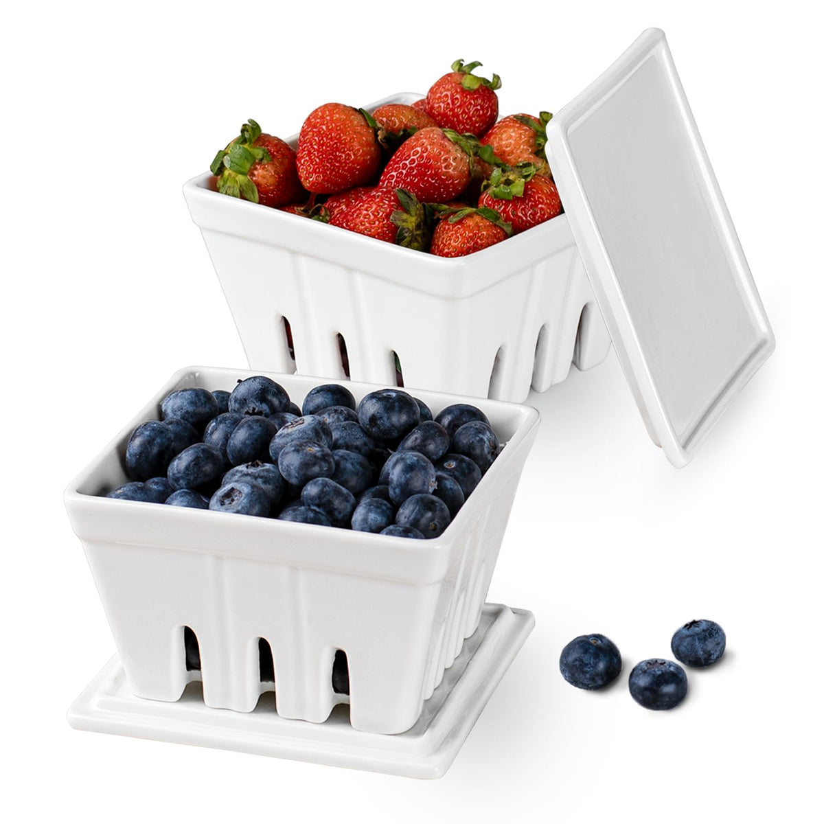 Dizada ceramic berry basket with lid keeps berries fresh on the counter.