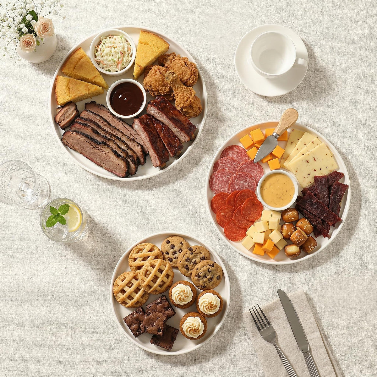 Dizada stacked platters save space while organizing a well-curated spread.