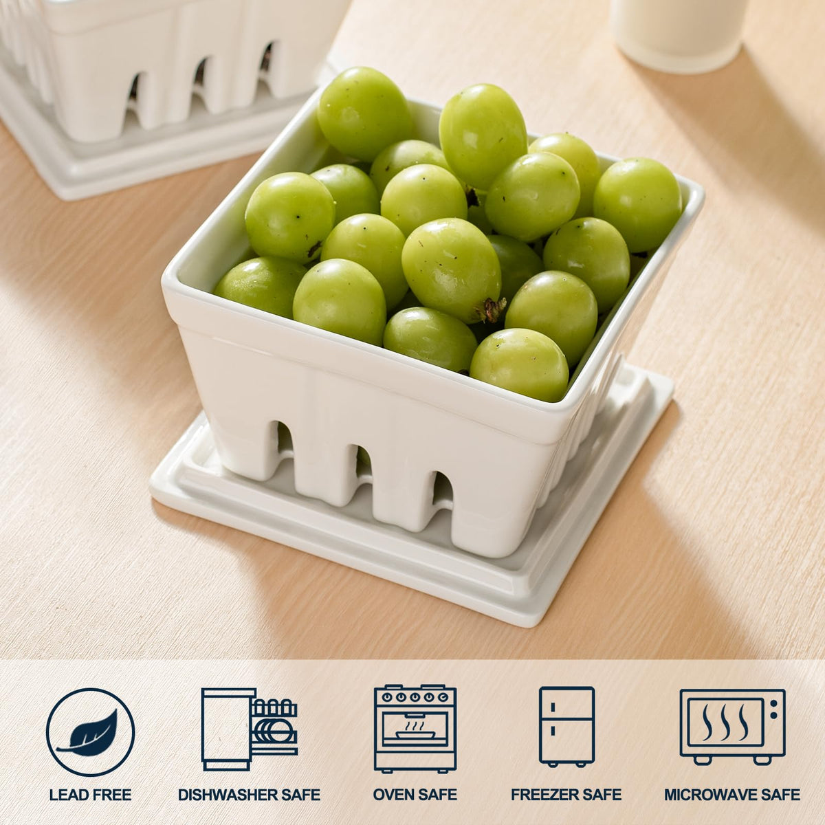 Dizada white decorative berry basket enhances counter display.