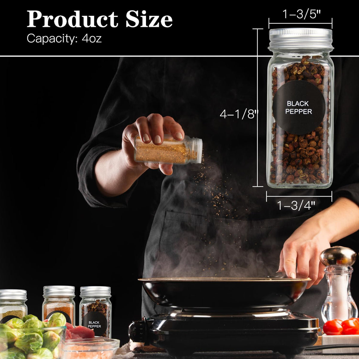 DkOvn jars with metal caps and shaker lids enable precise pouring.