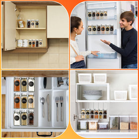 DkOvn glass spice jars on a rack maximize organization and visibility.
