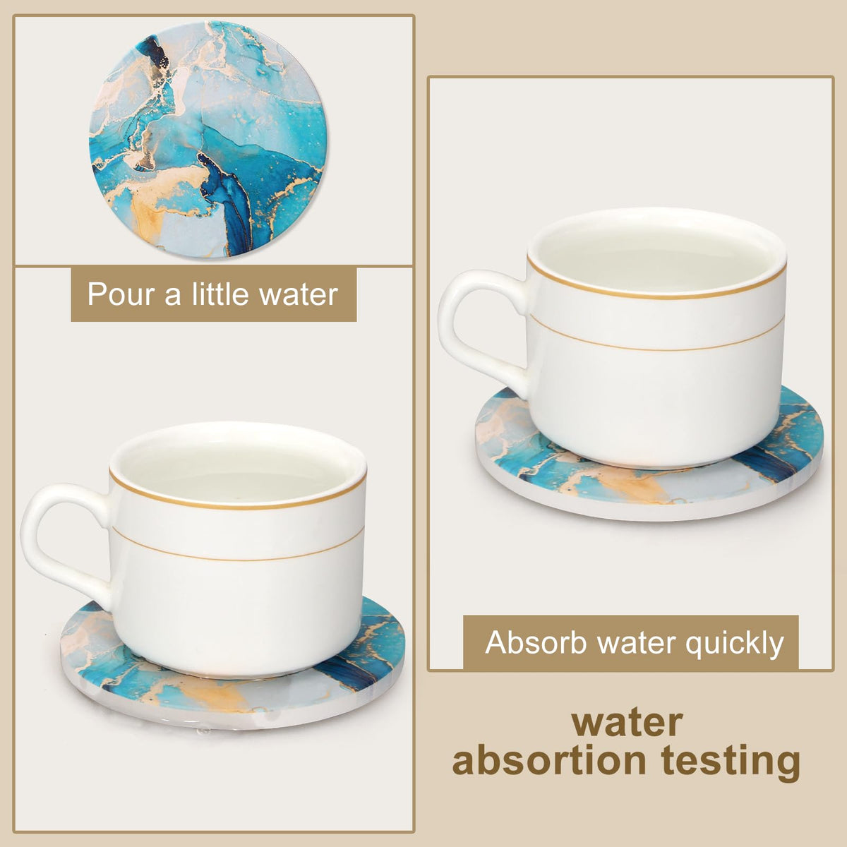 Dksyee absorbent ceramic coaster close-up highlights quick moisture absorption and surface protection