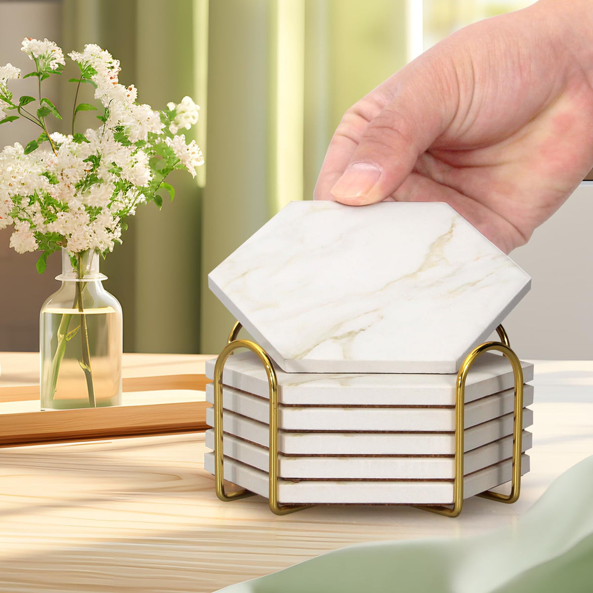 Dksyee coaster set with cork bottoms protects tabletops