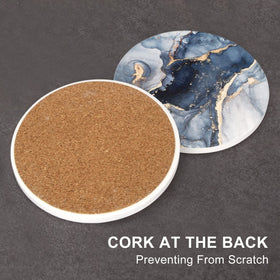 Dksyee navy blue marble coasters displayed on a dining table to match decor.