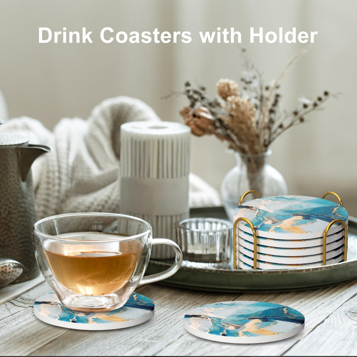 Dksyee coasters displayed on a coffee table for everyday use