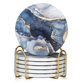 Dksyee navy blue marble coasters set with holder, stylish home decor and surface protection.