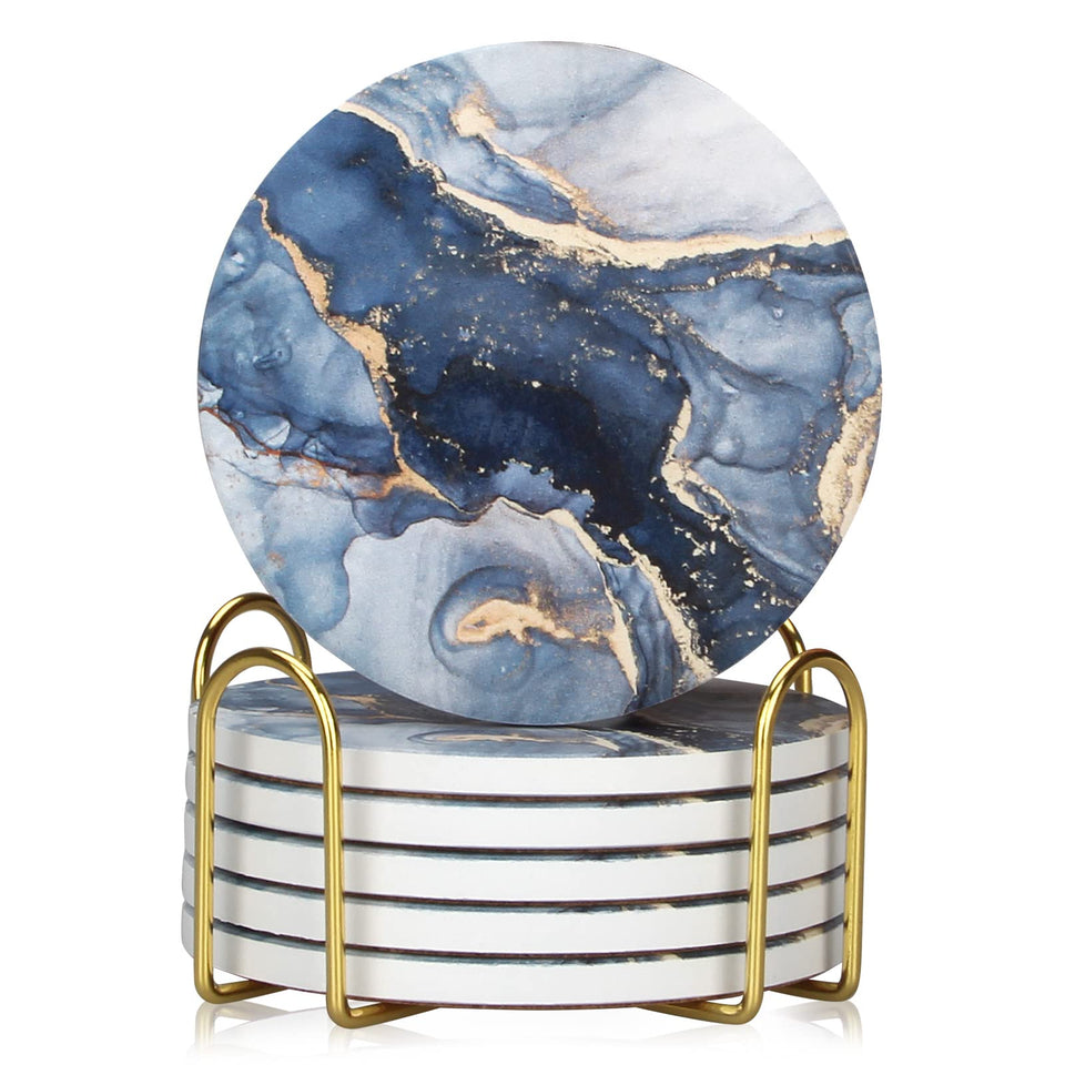 Dksyee navy blue marble coasters set with holder, stylish home decor and surface protection.