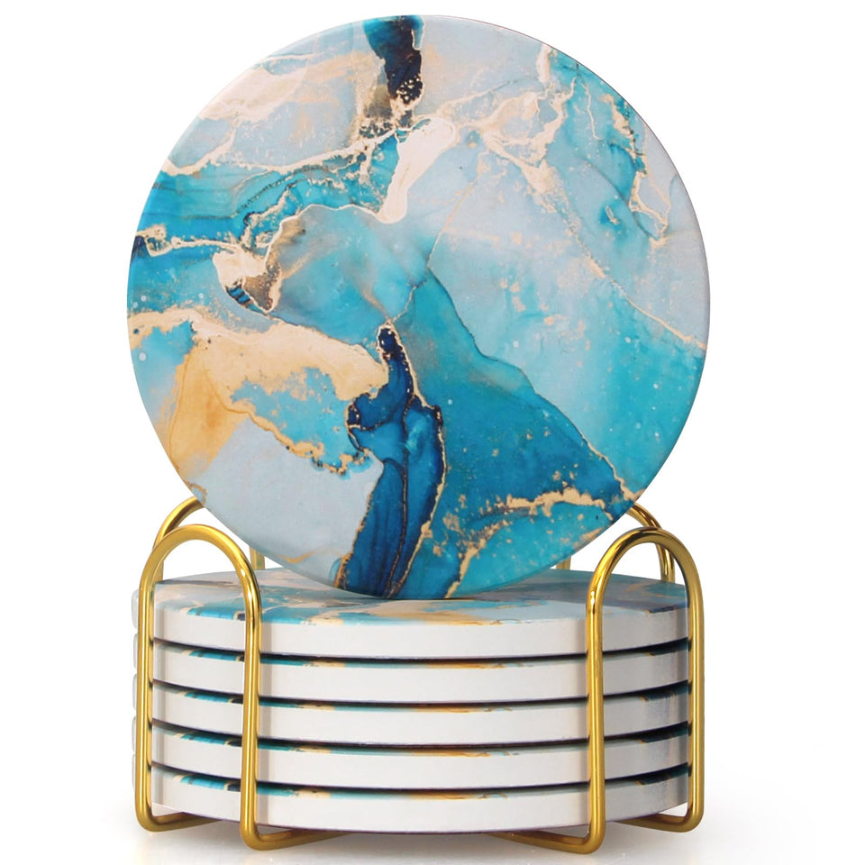 Dksyee light blue marble abstract coasters with holder add elegant dining decor and organized storage