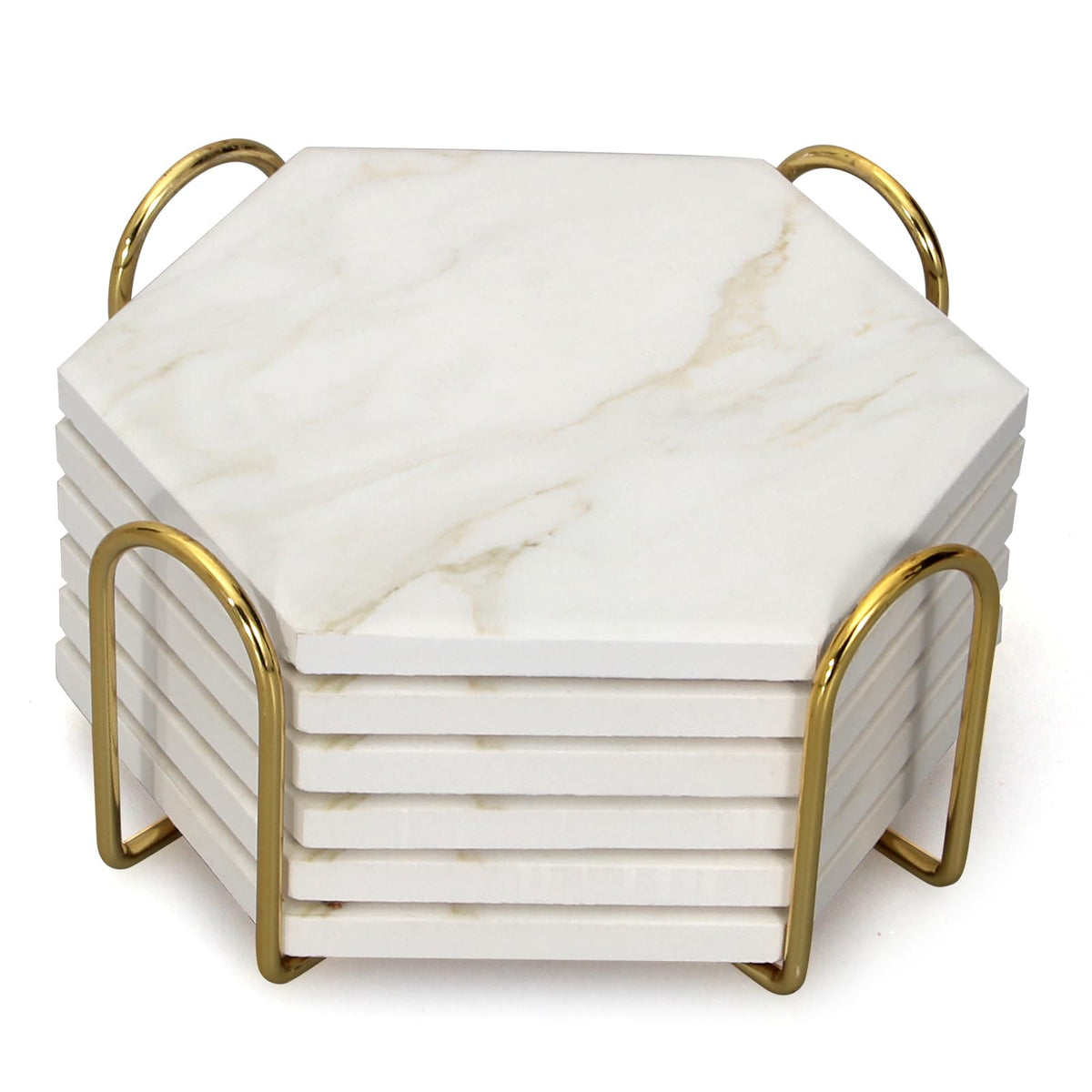 Dksyee white marble coasters on gold holder keeping surfaces dry