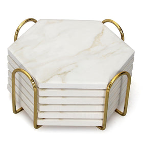 Dksyee white marble coasters on gold holder keeping surfaces dry
