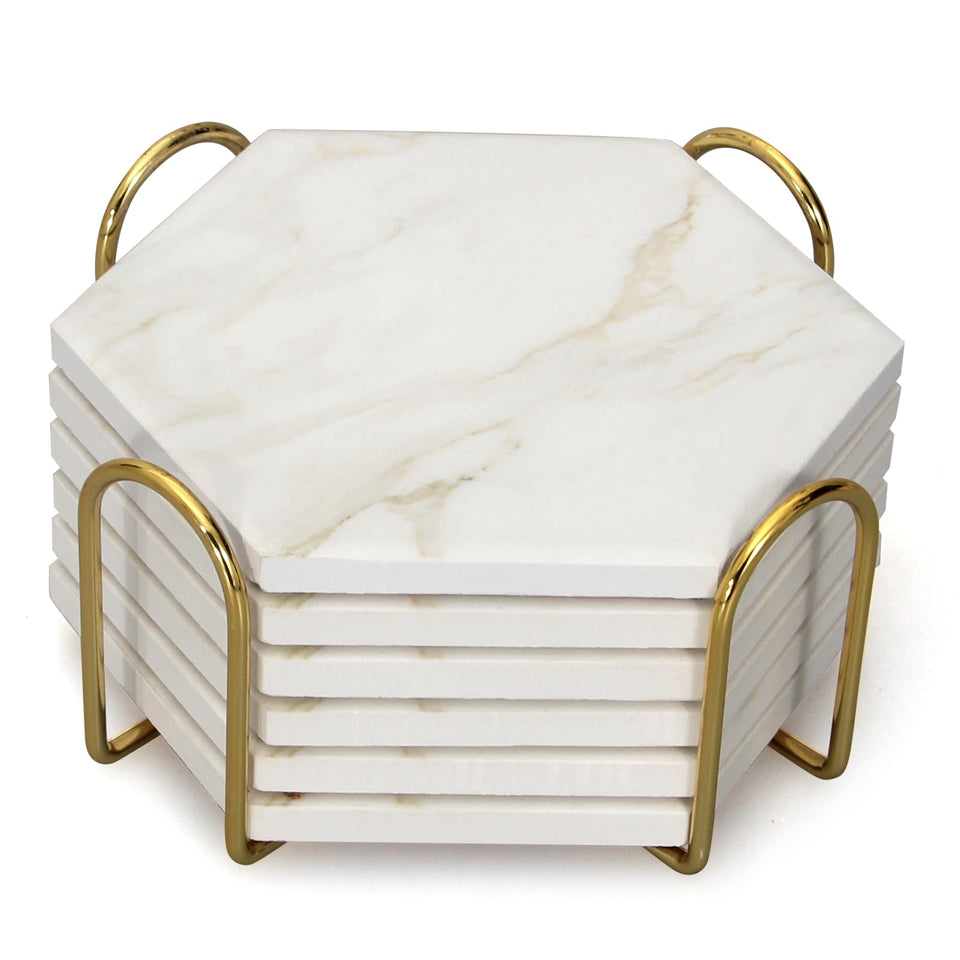 Dksyee white marble coasters on gold holder keeping surfaces dry