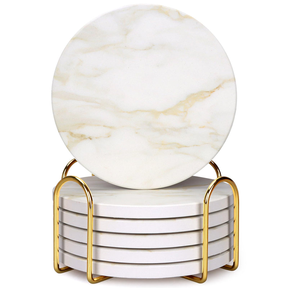 Dksyee white marble style coasters protect surfaces from moisture.