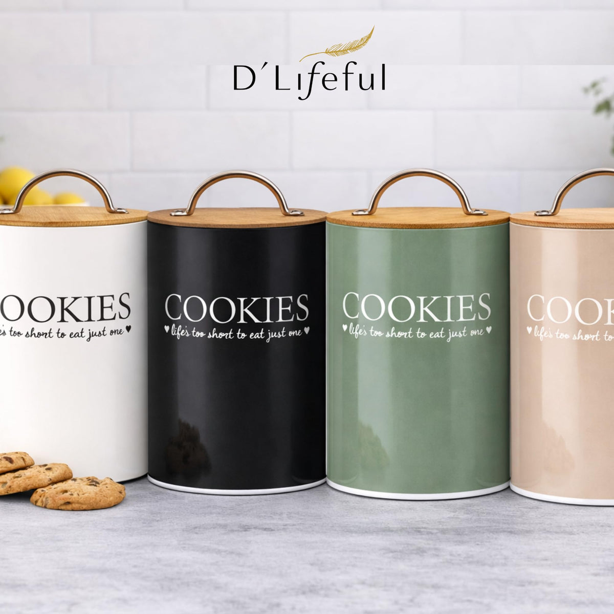 D'Lifeful cookie jar on the countertop keeps baking supplies organized.