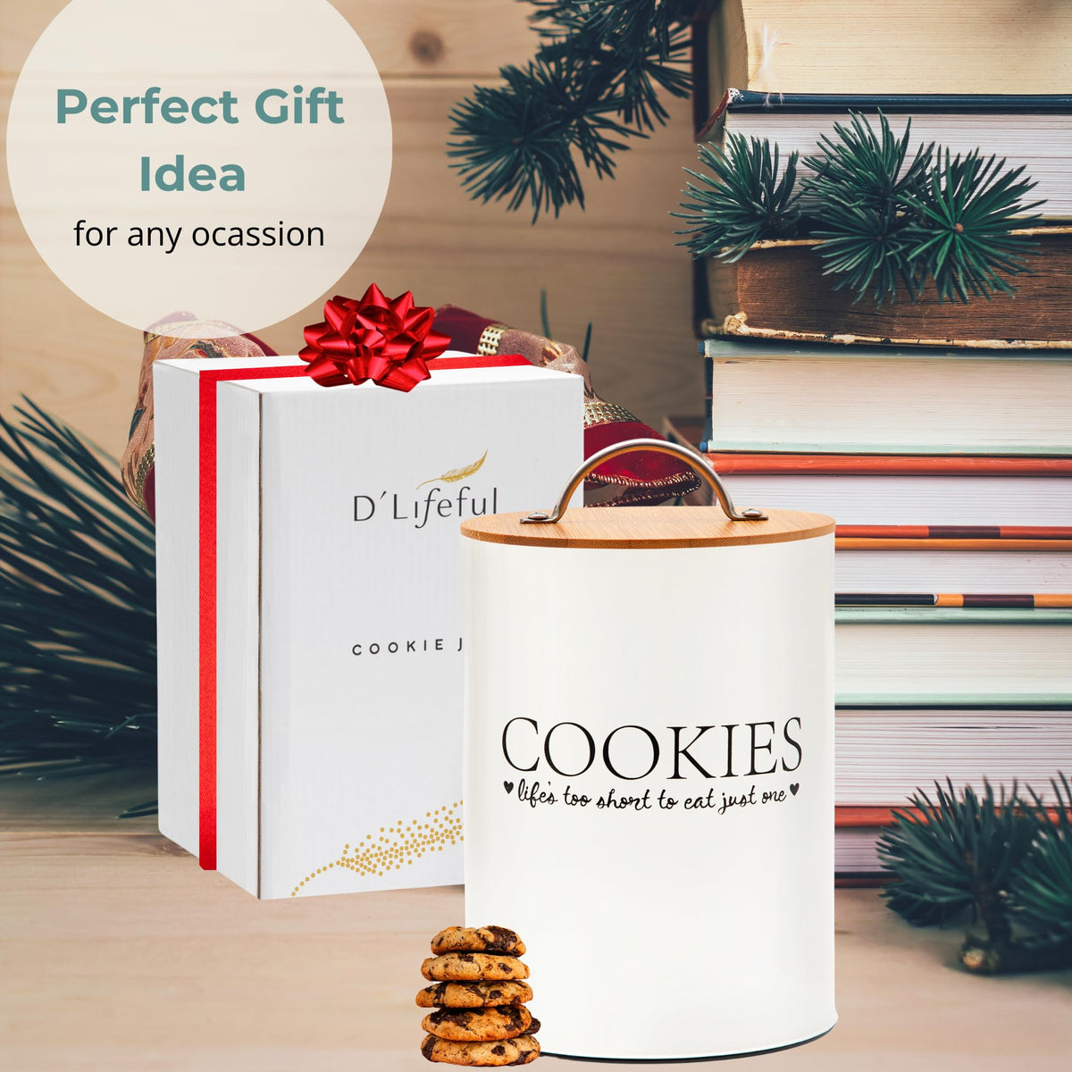 Off-white D'Lifeful cookie jar blends with farmhouse and modern kitchens.