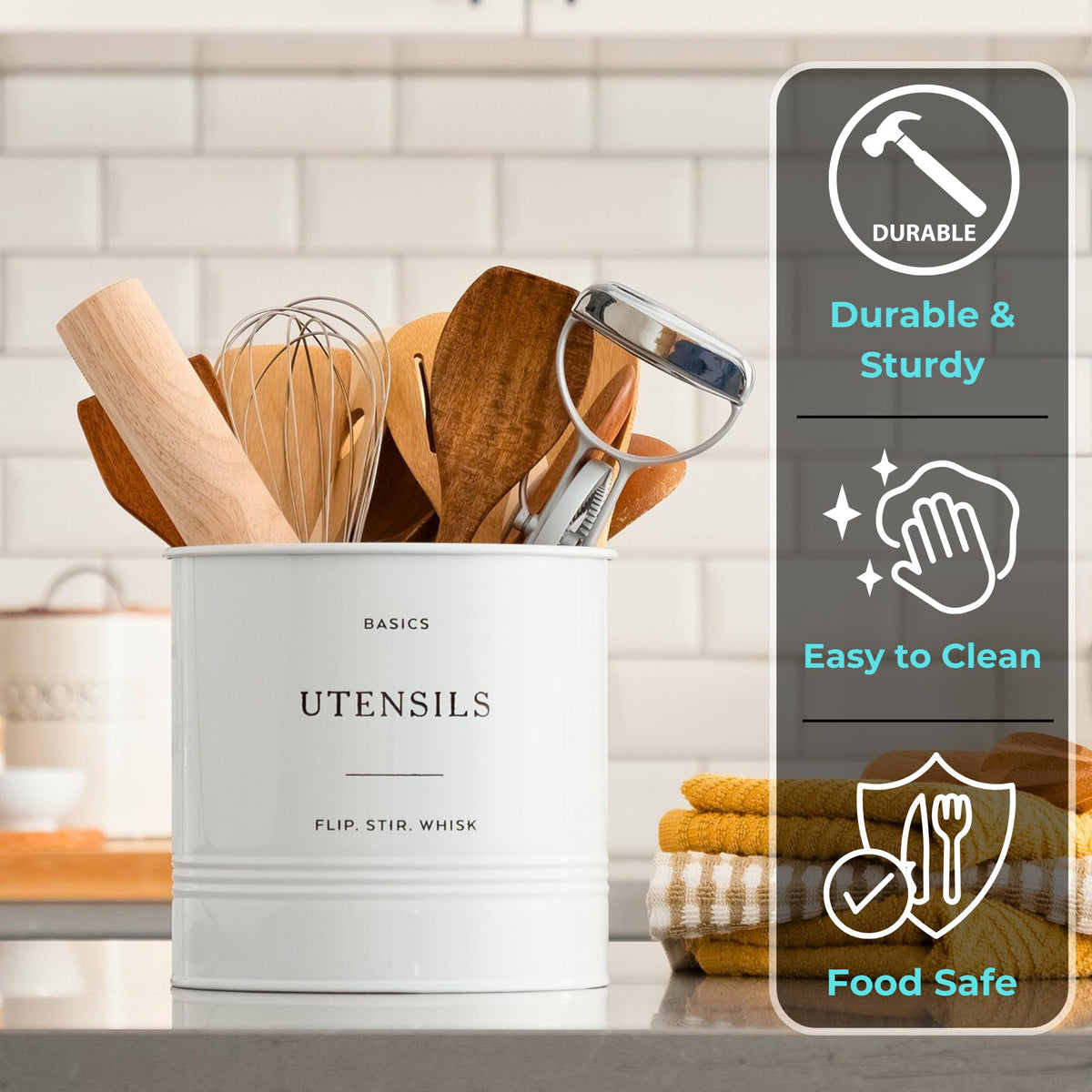 D'Lifeful kitchen utensil holder, farmhouse style, adds rustic charm while organizing tools.