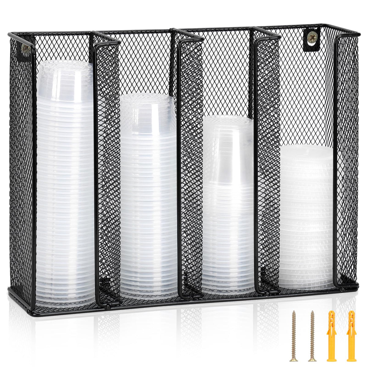 DLUGOPIS wall-mount lid organizer with four compartments keeps cups in order.