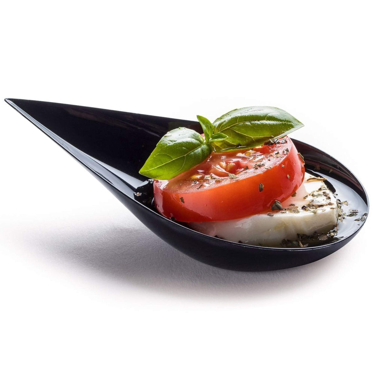 DLux 100 tear-drop mini cups arranged on a tray for elegant hors d'oeuvres presentations