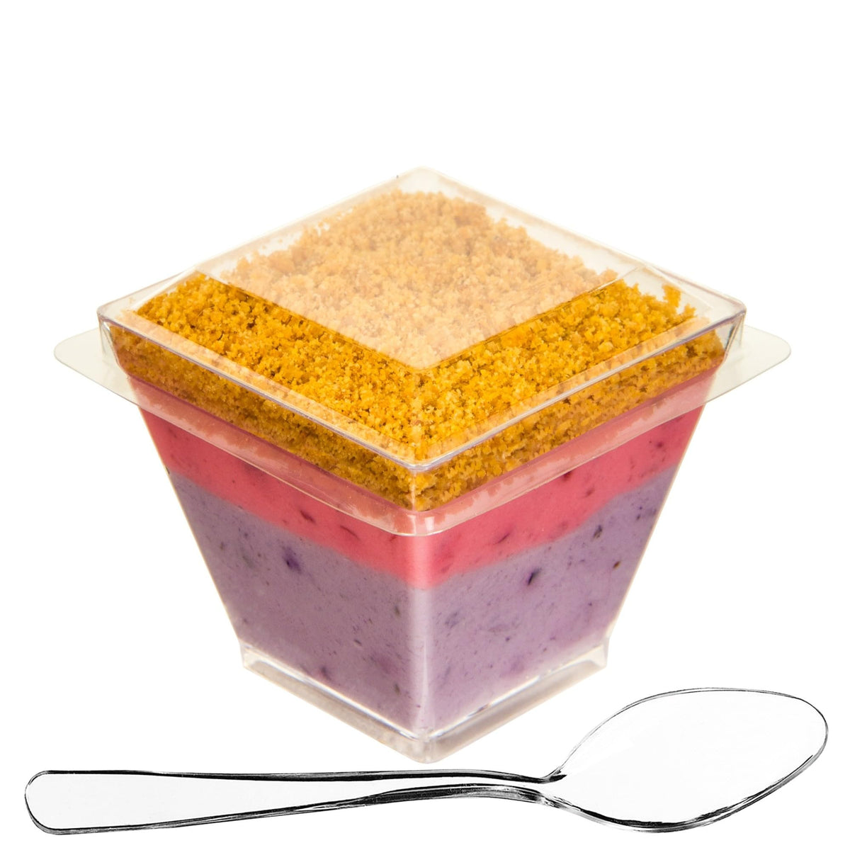 DLux 100 x 2oz mini cups in clear front view, ideal for tastings.