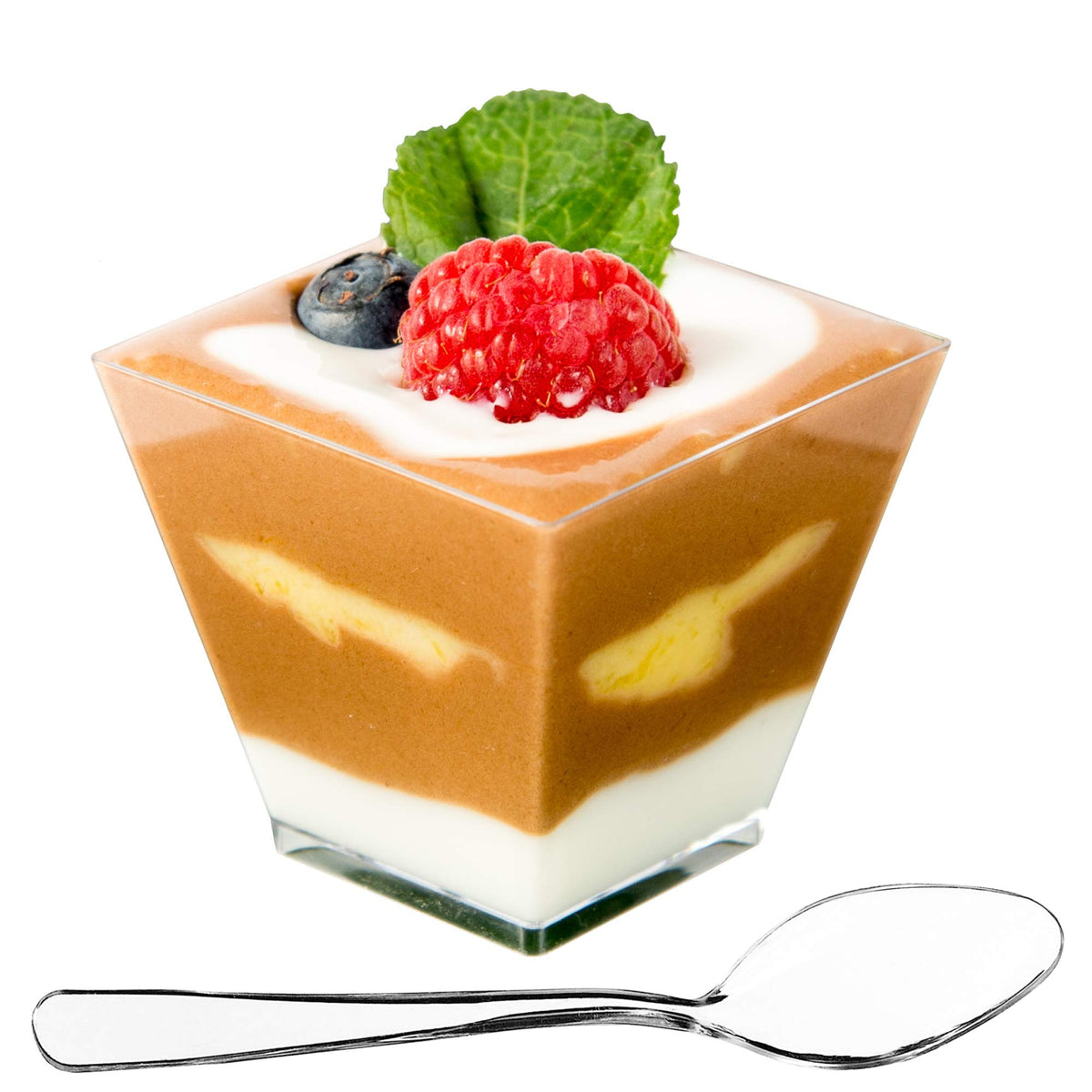 DLux 100x2oz mini cups in clear square showcase desserts beautifully for tastings