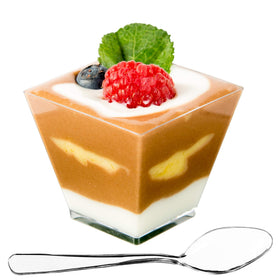 DLux 100x2oz mini cups in clear square showcase desserts beautifully for tastings