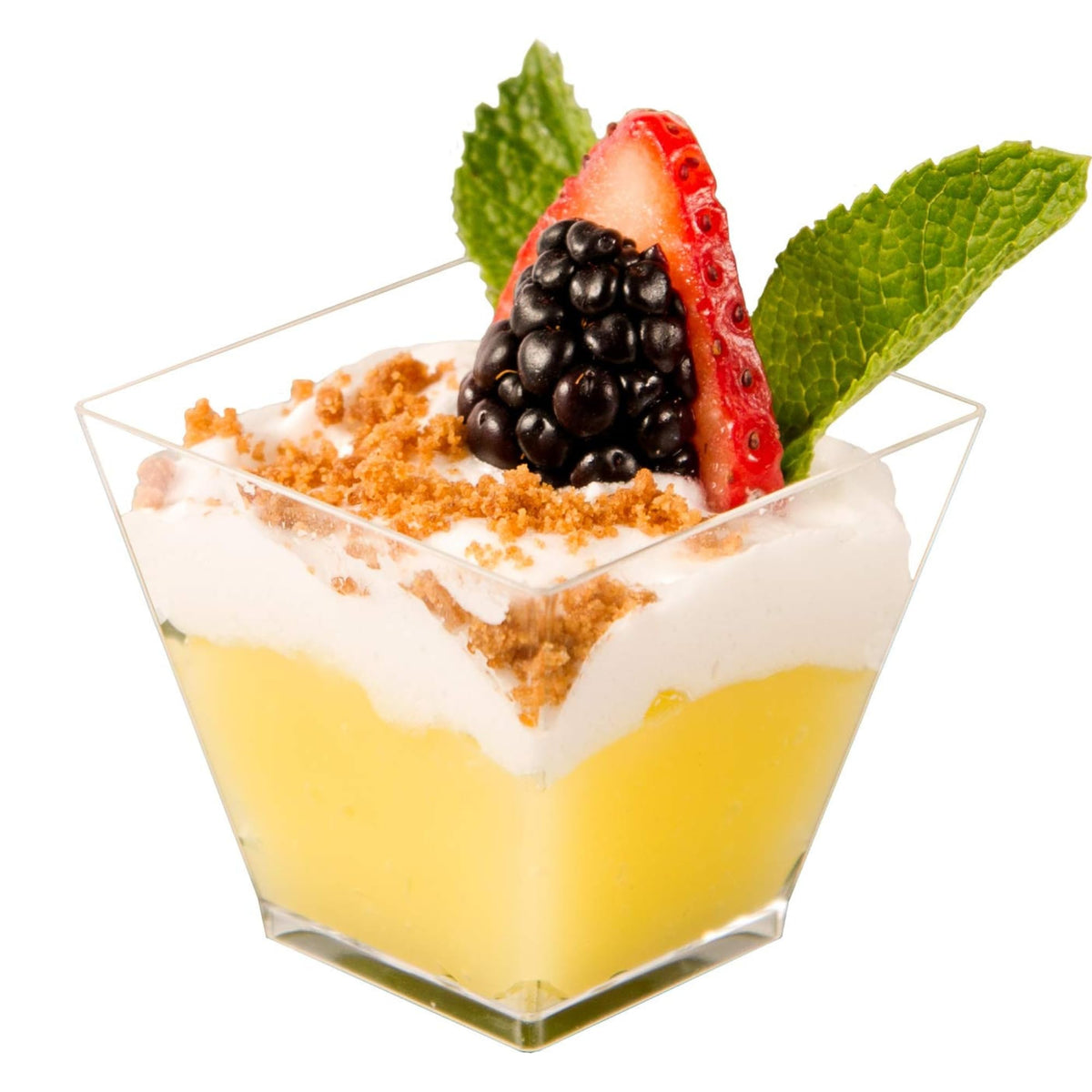 DLux 100x2oz square mini dessert cups showcase elegant desserts in clear plastic