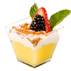 DLux 100x2oz square mini dessert cups showcase elegant desserts in clear plastic