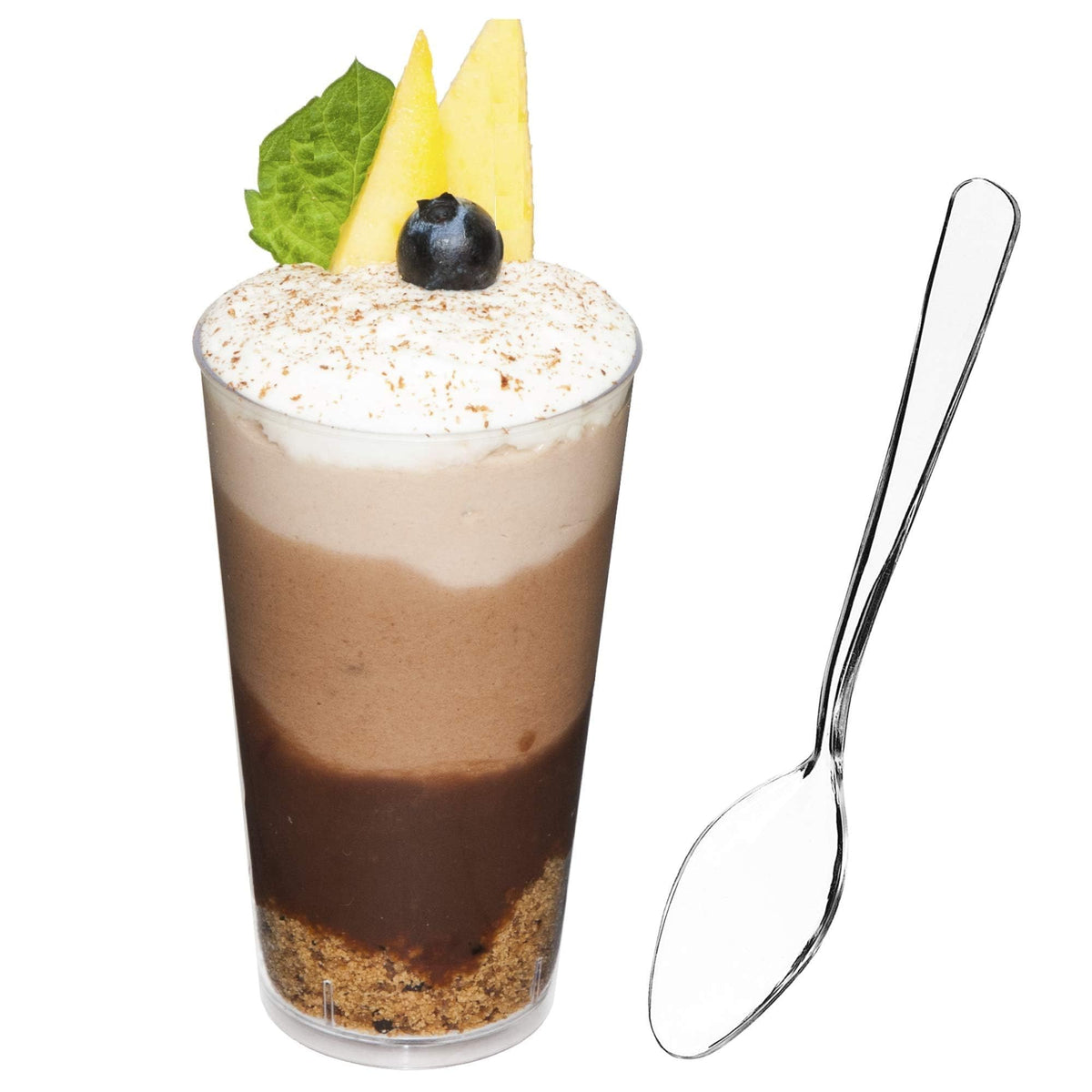 DLux 100x3-oz mini dessert cups with spoons for elegant tastings.