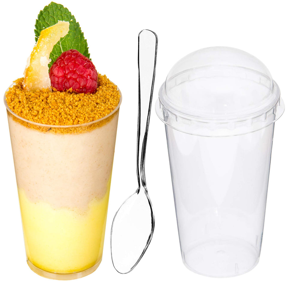 DLux 100 x 3oz mini dessert cups with lids and spoons for convenient party tastings.