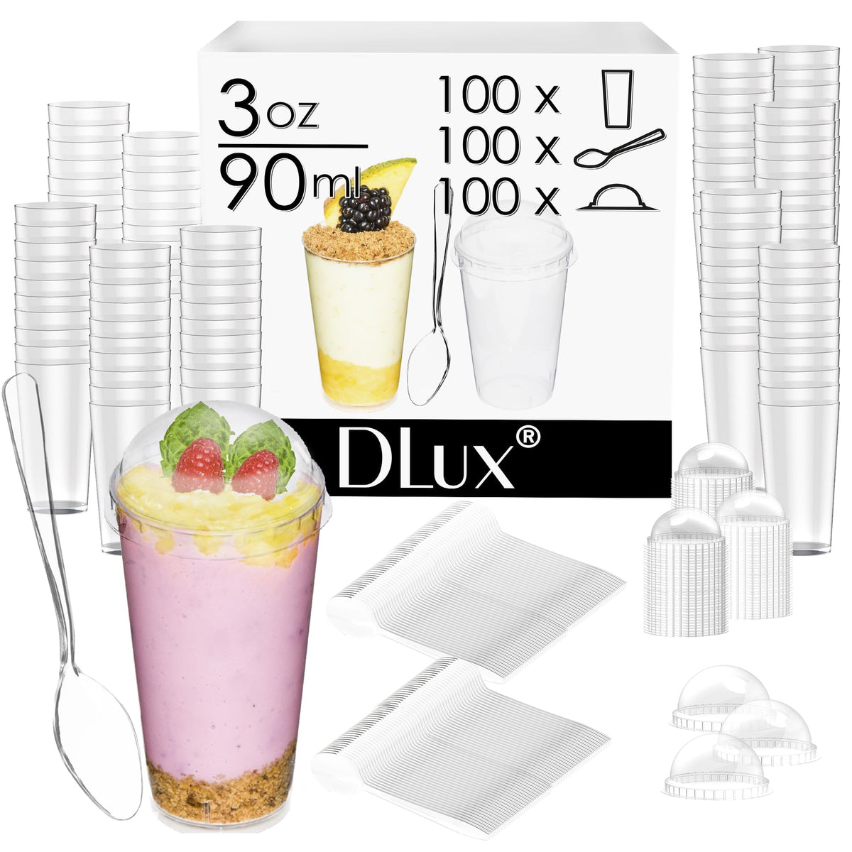 DLux clear parfait cups highlight desserts with elegant presentation at gatherings.