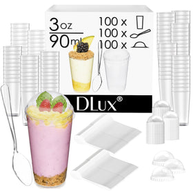 DLux clear parfait cups highlight desserts with elegant presentation at gatherings.