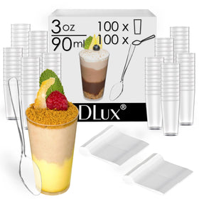 DLux clear plastic parfait cups showcase desserts with modern sophistication.