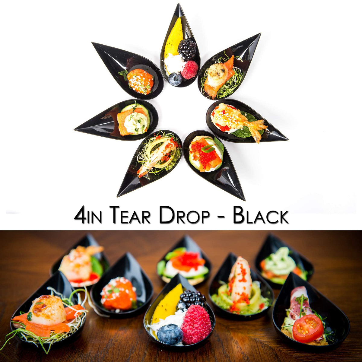 DLux dessert cups displayed with sushi and petit-fours for tasteful tasting