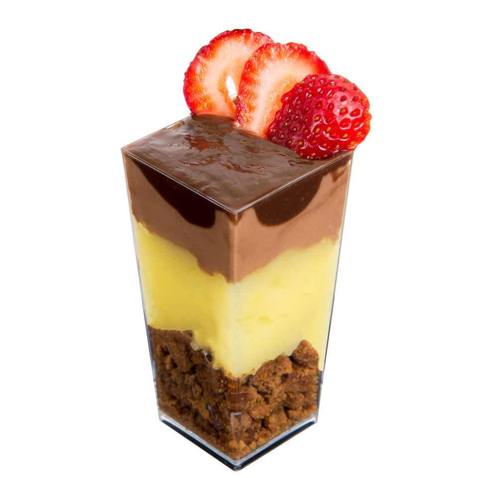 DLux mini dessert cups 3oz in clear plastic for elegant tastings